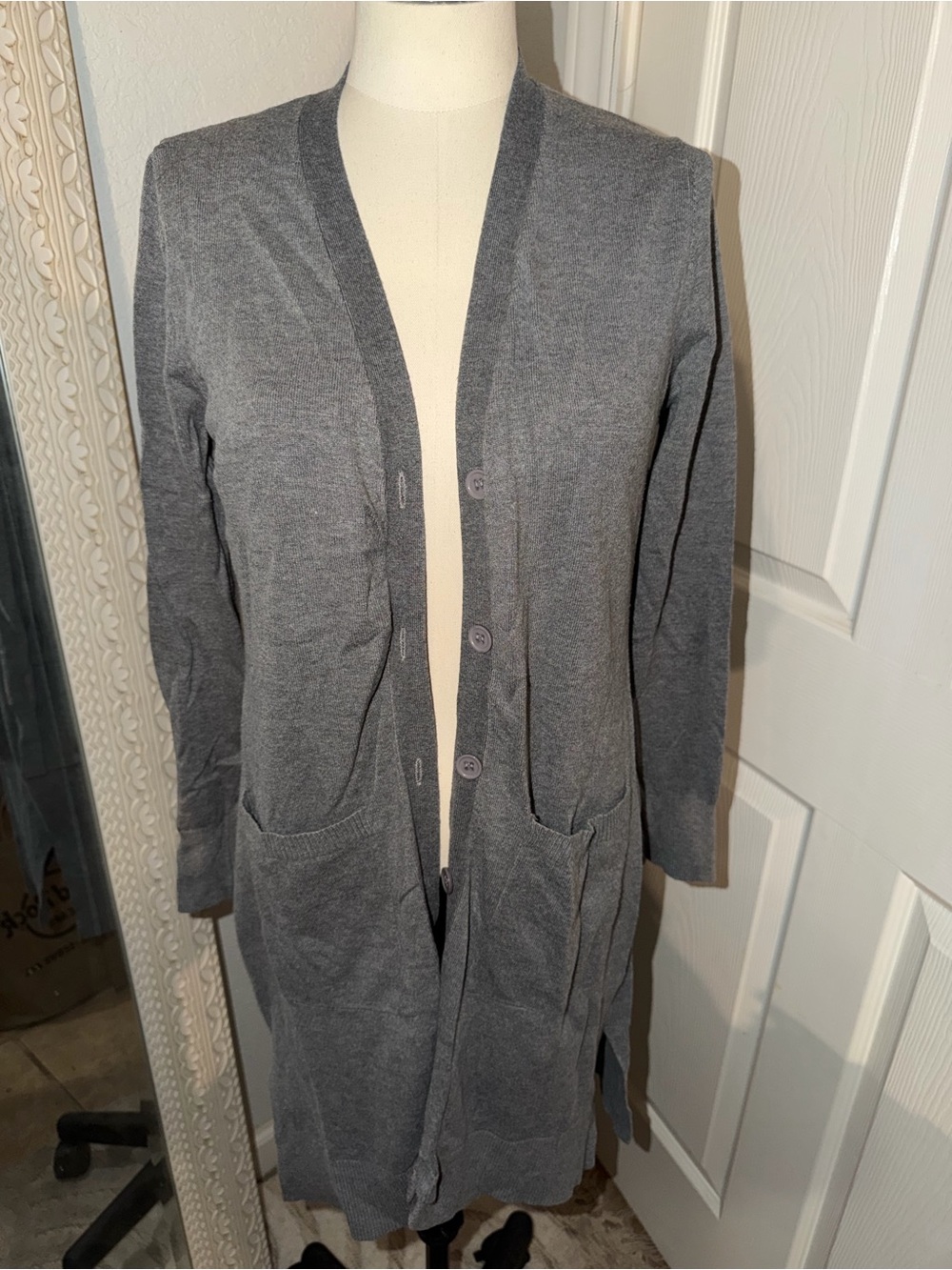 Cielo Long Gray Button-Front Cardigan